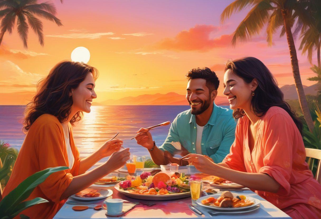 A vibrant collage depicting diverse joyful adult experiences, featuring a couple sharing a romantic moment, a group of friends laughing and enjoying a meal, and an artist painting under a sunset sky. Include elements of travel like a globe, a camera, and tropical flowers, to symbolize exploration and passion. A warm color palette to evoke happiness and warmth. illustration style, bold colors, inviting atmosphere.
