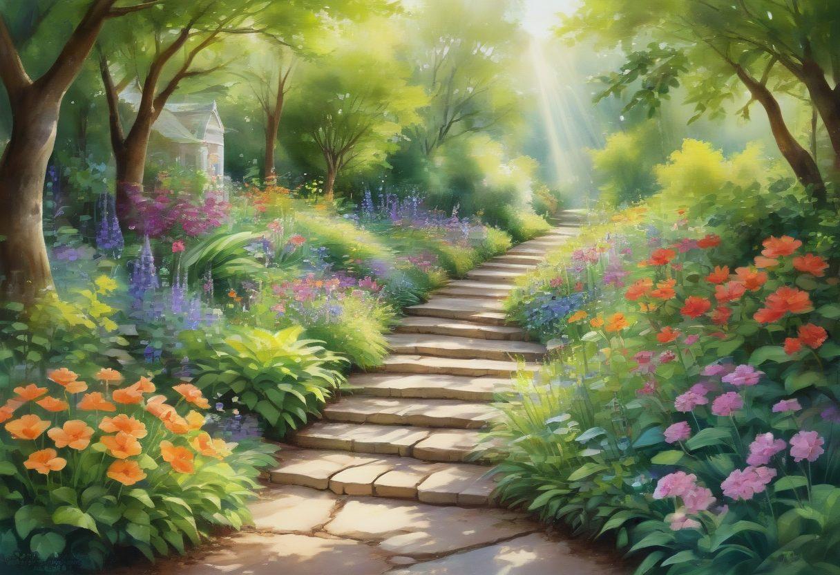 A whimsical and alluring scene depicting a vibrant, colorful garden filled with sensuous flowers and playful creatures, embodying the essence of joy and pleasure. A pathway meanders through, inviting exploration and discovery. Soft sunlight filters through the leaves, casting ethereal patterns on the ground, enhancing the magical atmosphere. Illustrate other elements symbolizing happiness and delight, like laughter, art supplies, and cozy nooks. watercolor style. vibrant colors. dreamy background.