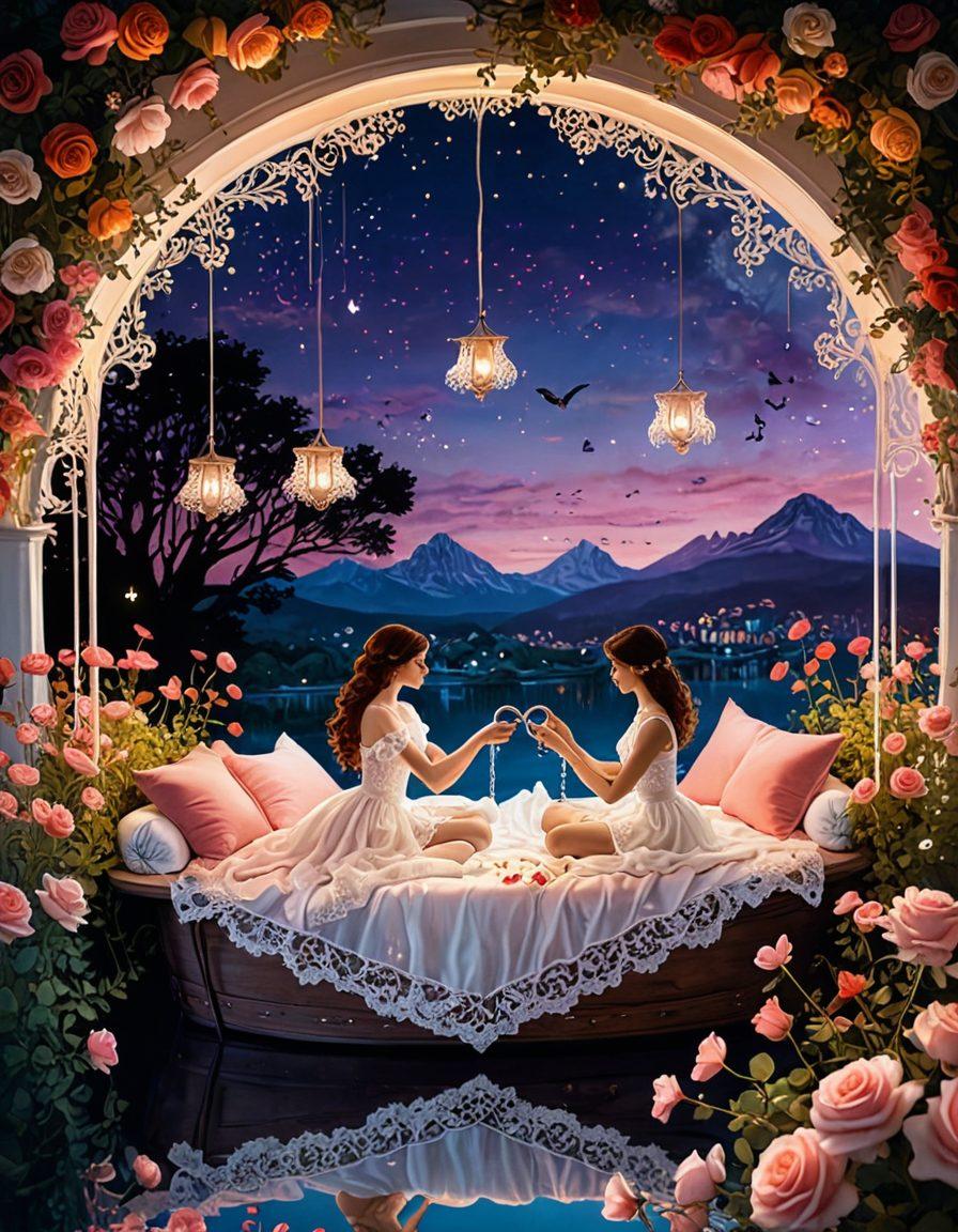 A whimsical illustration showcasing a fusion of fetish elements and romantic symbols, such as lace, handcuffs, and roses artfully intertwined. Include a variety of diverse couples sharing intimate, playful moments in a vibrant, dreamlike landscape filled with soft, glowing colors and enchanting details. Captivate the viewer with an air of allure and passion, inviting them into a world of delightful satisfaction. vibrant colors. fantastical. surrealistic.